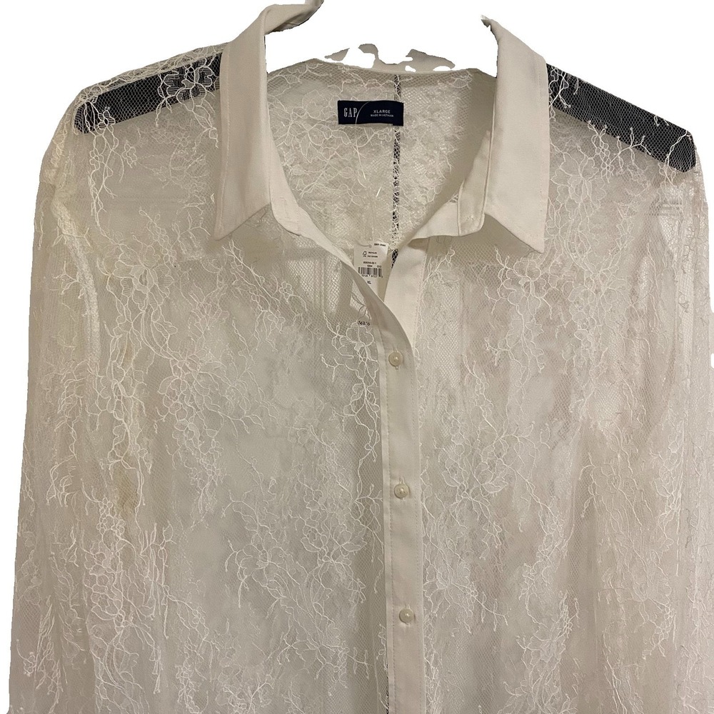NWT GAP Classic Sheer Lace Shirt Cream Mesh Floral Gothic Romantic XL - Picture 3 of 8